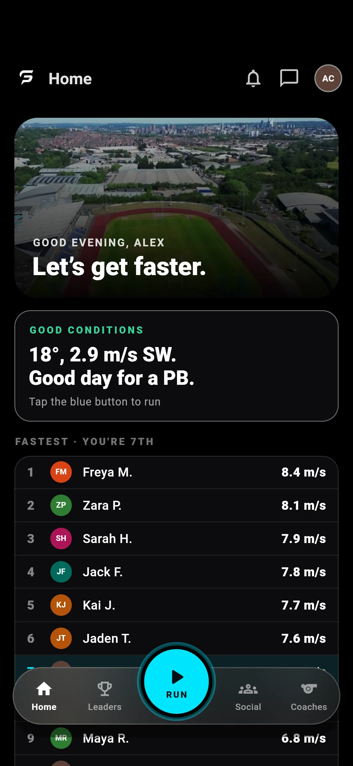 Home in the app: the day's running conditions, your place on the Fastest board and the RUN button
