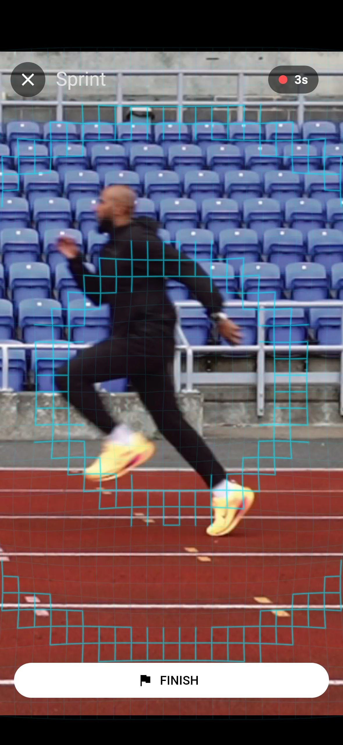The recording screen: a scanning mesh over a sprinter mid-stride, with FINISH