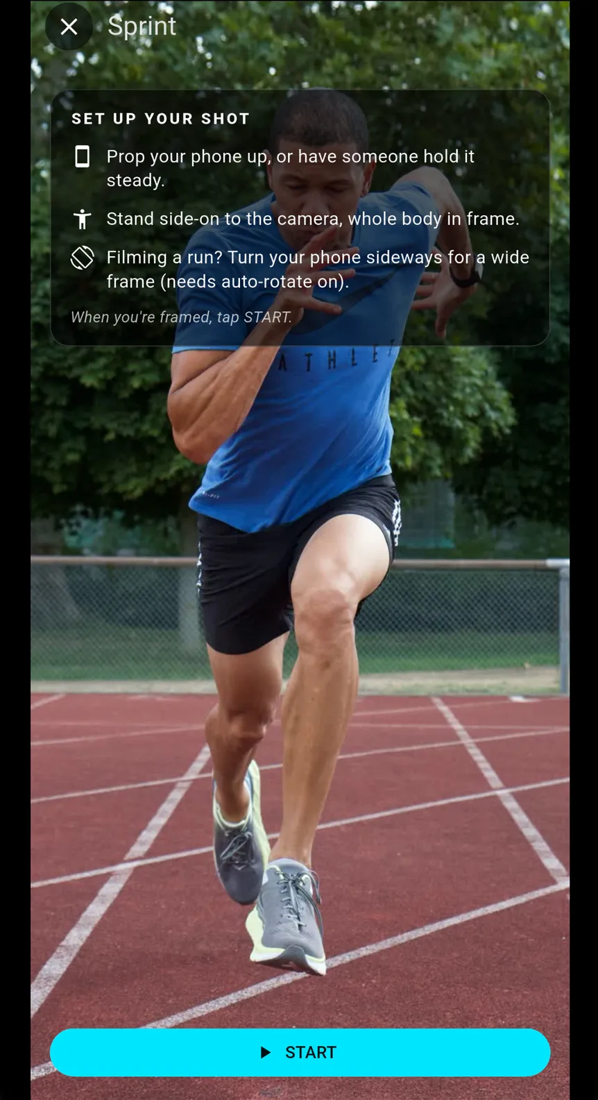 The set-up screen: a sprinter framed from the side of the track, with the START button