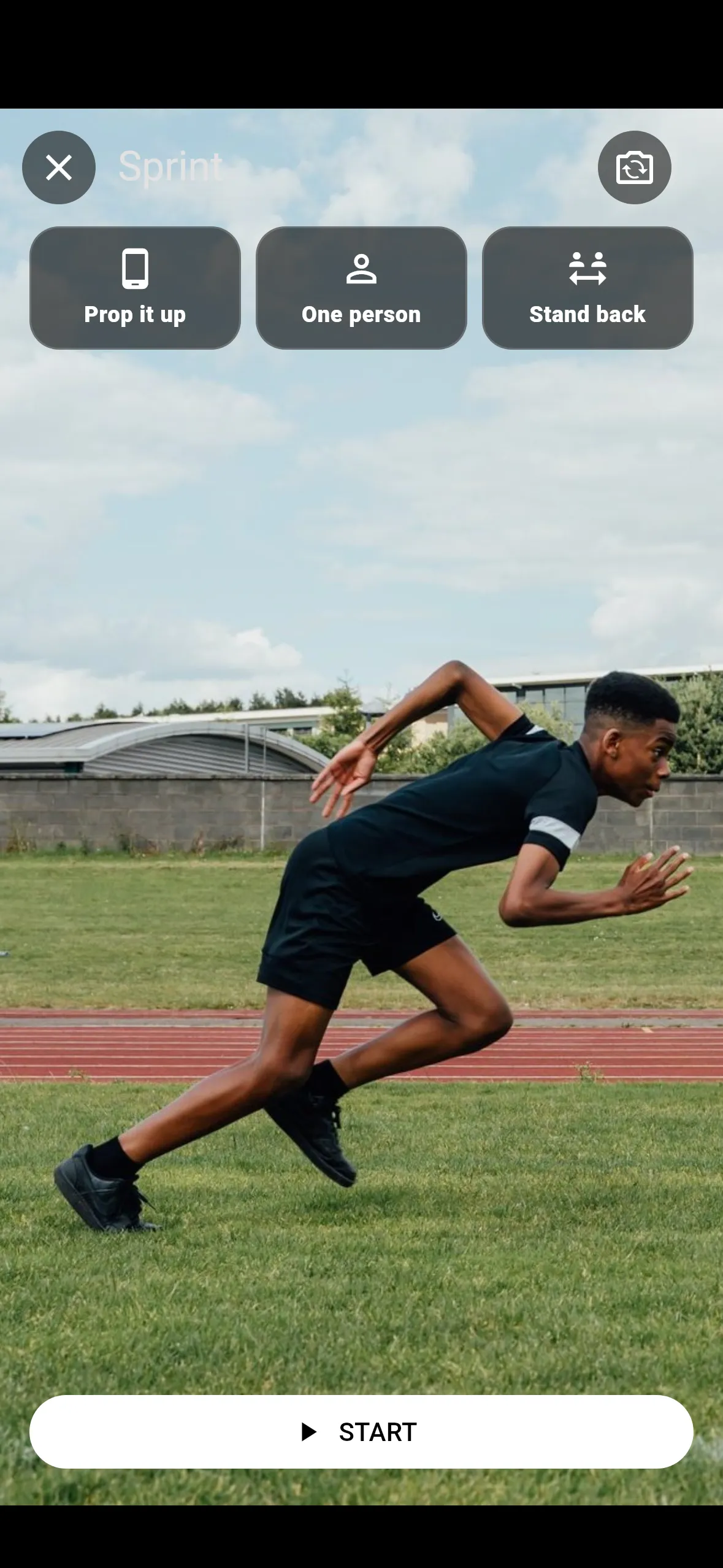 The set-up screen: a sprinter framed from the side of the track, with the START button