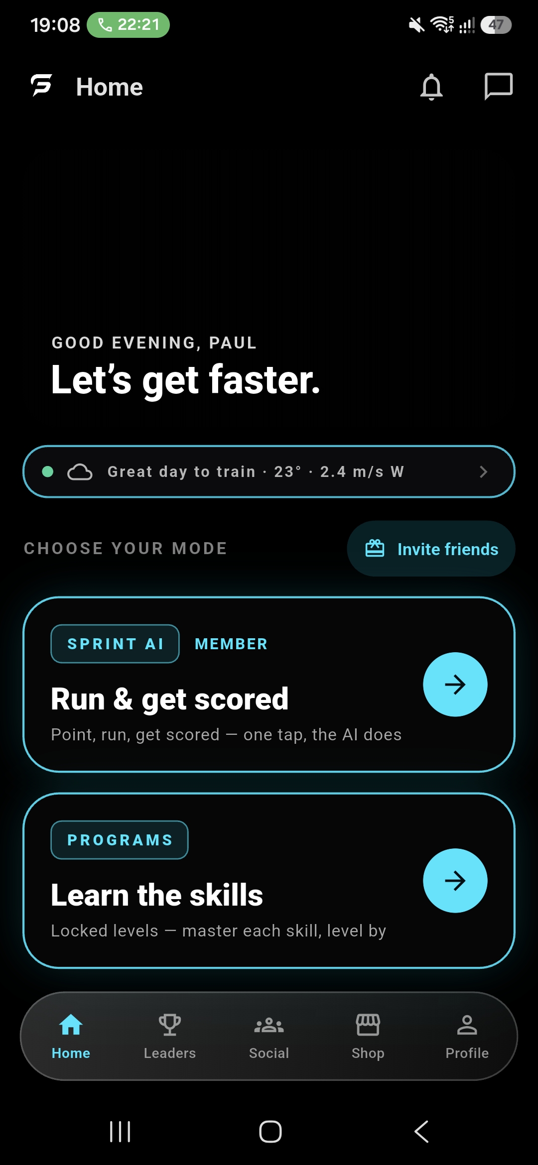 The Speed For Sport AI home screen: Sprint AI — run and get scored, and Programs — learn the skills