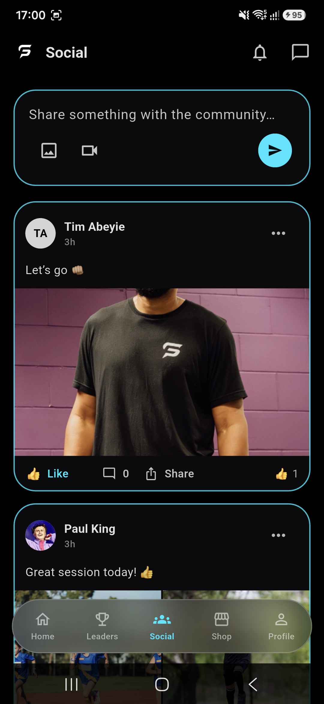 The Social feed with posts from coach Tim Abeyie and athletes